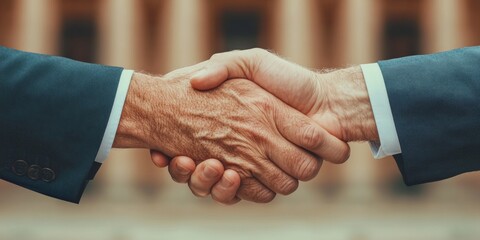 Aufkleber - Dynamic Contemporary Teamwork Professional Handshake on Rustic Wood Background - Corporate Networking and Business Alliance in Modern Workspaces