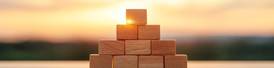 Poster - Strategic Pyramid Display Wooden Blocks on Desk Surface for Leadership and Structure - Professional Development and Corporate Training Visuals