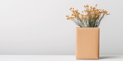 Poster - Minimalist Decorative Vase with Yellow Wildflowers on White Surface Modern Nature-Inspired Design for Home Decor and Creative Marketing