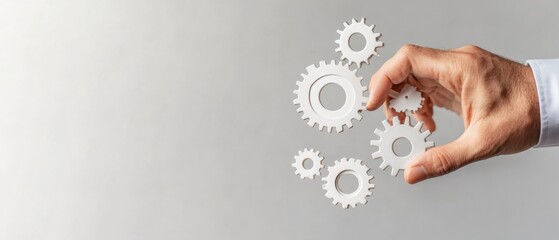 Fototapete - Minimalist Business Visualization Hand Gesturing Floating Gears on Gray Background - Corporate Efficiency and Operational Process Content for Professional Innovation