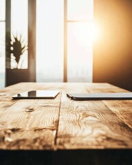 Poster - Sunlit Minimalist Workspace Natural Wooden Table with Digital Devices - Enhancing Collaborative Efficiency in Modern Business Environments