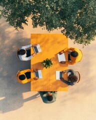 Poster - Modern Workspace Synergy Aerial View of Diverse Team at Wooden Conference Table with Laptops and Greenery - Corporate Collaboration and Innovative Business Solutions