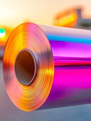 Fototapete - Vibrant Chromatic Paper Roll in Sunset Light Industrial Printing Material for Modern Publishing and Media Innovation - Traditional Journalism Meets Digital Transformation