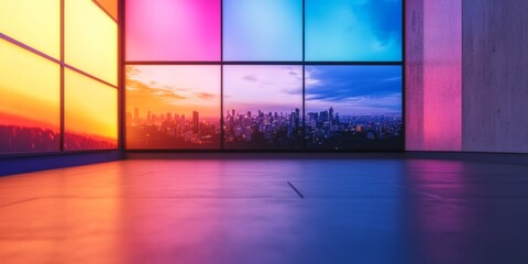 Fototapete - Vibrant Sunset Cityscape LED Panel Walls with Urban Skyline - Immersive Media Content for Modern Office Design and Visual Branding