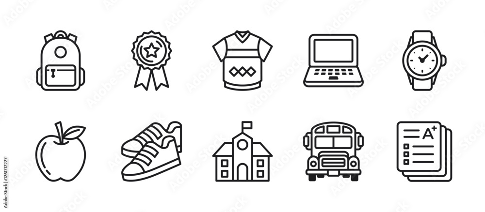 Back to school icon pack in outline style, featuring backpack, reward ...