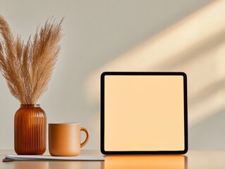 Poster - Scandinavian Hybrid Workspace Ergonomic Tech with Ceramic Mugs and Natural Light - Adaptive Home Office for Digital Connectivity and Business Efficiency