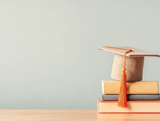 Poster - Minimalist Scholarly Display Textured Mortarboard on Books Stack - Academic Inspiration and Graduation Content for Educational Marketing