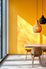 Aufkleber - Minimalist Workspace Design Wooden Tables and Pendant Lighting in Vibrant Office Setting - Modern Business Interior and Creative Environment Optimization