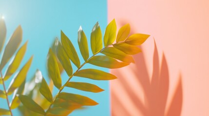 Poster - Vibrant Geometric Leaf Display Botanical Elements and Pastel Backdrop - Visually Striking Art for Modern Interiors and Creative Marketing Campaigns