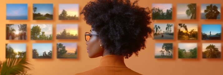 Poster - Afro-Futuristic Virtual Meeting African American Woman in Earth Tones with Nature Background - Remote Leadership and Global Business Innovation, Enhancing Cultural Connections