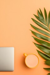 Poster - Mid-Century Modern Workspace Sleek Laptop with Tropical Leaf and Ceramic Mug on Vibrant Surface - Innovative Digital Wellness for Creative Remote Workspaces