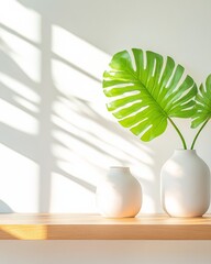 Leinwandbilder - Biophilic Workspace Design Minimalist Wooden Shelf with Ceramic Vases and Monstera in Sunlit Office - Modern Collaborative Environment and Eco-Friendly Aesthetic