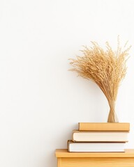 Aufkleber - Minimalist Educational Display Hardcover Textbooks and Dried Wheat in Glass Vase on Wooden Shelf - Academic Excellence and Home Office Decor for Modern Learning Environments