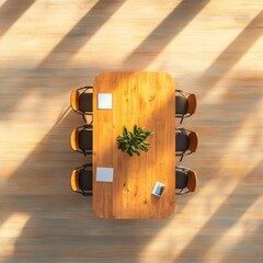 Leinwandbilder - Scandinavian Minimalist Workspace Wooden Conference Table with Documents and Plant - Business Innovation and Collaborative Office Solutions for Modern Teams