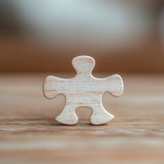Poster - Minimalist Wooden Puzzle Piece on Natural Grain Table Symbol of Unity in Modern Business Content and Team Collaboration Strategies