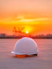 Aufkleber - Golden Hour Construction Aesthetic White Hardhat on Industrial Rooftop at Sunset - Modern Site Management and Progress Monitoring for Urban Development