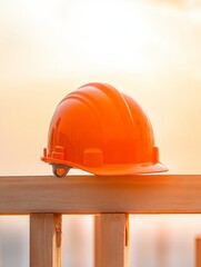 Aufkleber - Industrial Minimalism Orange Hardhat Resting on Wooden Beam at Construction Site - Site Safety Focus for Modern Project Management and Urban Development