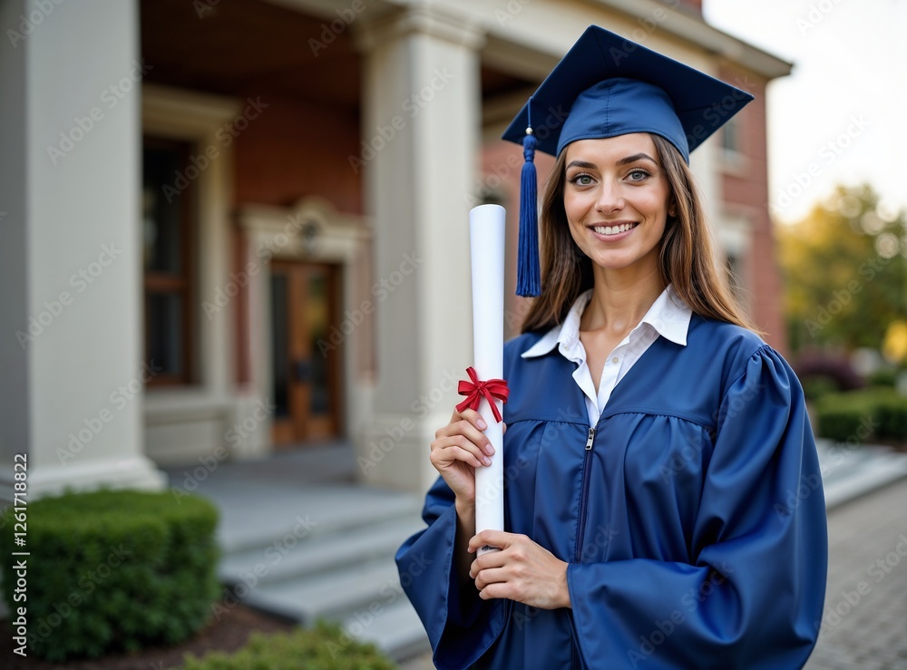 Smiling graduate holding a diploma while wearing a graduation cap and ...