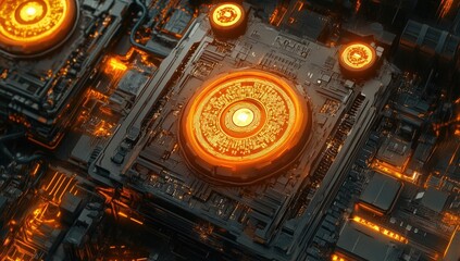 Poster - Tech circuit board with glowing orange discs