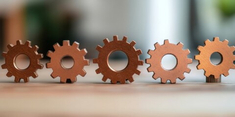 Poster - Industrial Aesthetics Metallic Gears on Wooden Surface for Collaborative Problem-Solving in Modern Business Content and Teamwork Innovation