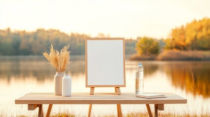 Poster - Serene Lakeside Team-Building Retreat Wooden Table with Whiteboard and Reusable Bottles - Inspiring Outdoor Leadership Space for Sustainable Business Strategy Sessions