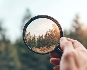 Poster - Natural Clarity Concept Hand Holding Optical Lens Against Forest Backdrop - Visual Storytelling in Eco-Friendly Marketing and Creative Content for Nature Tourism