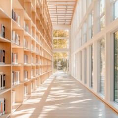 Poster - Minimalist Library Interior Floor-to-Ceiling Wooden Bookshelves with Reading Nooks Educational Design and Knowledge Retention for Modern Academic Spaces