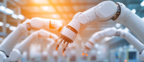 Poster - Futuristic Industrial Automation Sleek White Robotic Arms in High-Tech Manufacturing Facility - Cutting-Edge Efficiency and Precision for Industry 4.0 Advancements