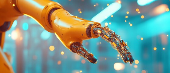 Fototapete - Futuristic Industrial Automation Robotic Arm with Metallic Components and Neon Sparks - Cutting-Edge Manufacturing Technology in Industry 4.0 for Advanced Production Efficiency