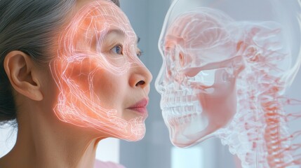 Poster - Futuristic Facial Recognition Elderly Asian Woman Analyzing Digital Skeleton in Augmented Reality - Cutting-Edge Healthcare and Aging Tech Solutions for Enhanced Safety