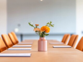 Leinwandbilder - Minimalist Meeting Space Aesthetic Modern Conference Room with Orange Chairs and Floral Decor - Enhancing Professional Development and Collaborative Business Solutions