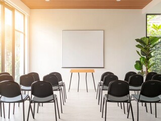 Poster - Minimalist Modern Meeting Space Sleek Presentation Whiteboard and Black Chairs in Rows - Professional Development and Knowledge Sharing for Corporate Training