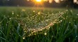 Sunrise Over Dew-Covered Spider Web in Grassy Field