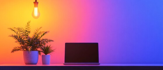 Fototapete - Vibrant Digital Workspace Ambient Lighting with Sleek Laptop and Greenery on Minimalist Desk Enhancing Remote Collaboration and Virtual Learning in Modern Home Offices