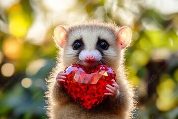 Wall Mural - Cute opossum baby with diamond red heart on in a natural habitat. Commercial animal idea. Opossum - my cherished animal. Love-themed animal photography. Love and tenderness in nature.