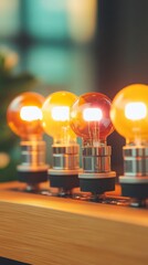 Aufkleber - Industrial Chic Lighting Retro Filament Bulbs on Wooden Platform - Modern Workspace Ambiance and Energy-Efficient Design for Creative Environments