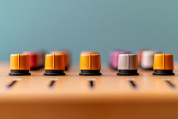 Leinwandbilder - Vibrant Retro Audio Console Close-Up Precision Knobs and Faders on Wood - Sound Design Content and Professional Music Production Aesthetic