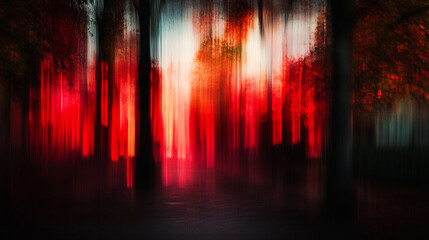 Wall Mural - Abstract Red Forest Motion Blur Dark Fantasy Nature Background Art Deep Trees Night Eerie Light     