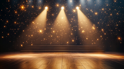 Poster - Golden Stage Spotlight Background Elegant Design Award Ceremony Presentation dark wood show floor   