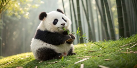 Playful panda munches on bamboo in a serene bamboo forest during the morning light