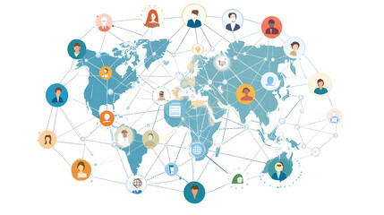 Wall Mural - Global communication network concept with interconnected business nodes and human resources collaboration across worldwide platforms