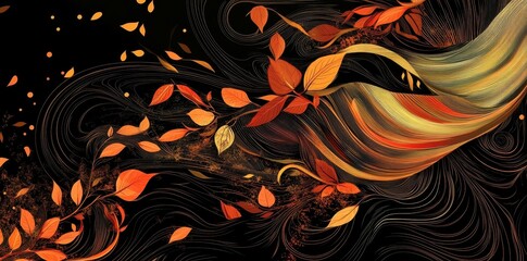 Wall Mural - autumn leaves and golden threads on a black background