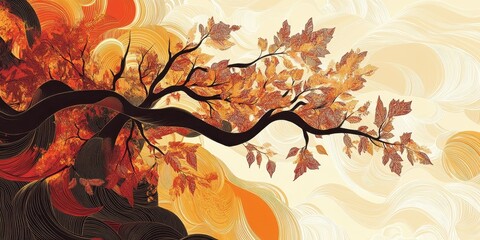 Wall Mural - an artistic depiction of a tree with autumn colored leaves