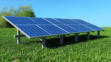 Solar panel array on green grass field generating renewable clean energy in nature landscape