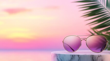 Wall Mural - Stylish sunglasses resting on a marble surface with a vibrant sunset and palm leaves in the background