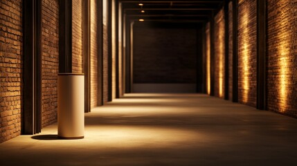 Wall Mural - Modern interior corridor with warm lighting highlighting a cylindrical trash can against brick walls