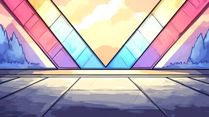 Wall Mural - Vibrant sunset illuminates geometric pastel gateway scene. AI Generated