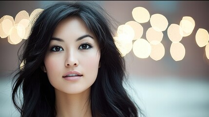 Wall Mural - a mid-20s East Asian woman with a gentle expression, blurred background with a bokeh effect.