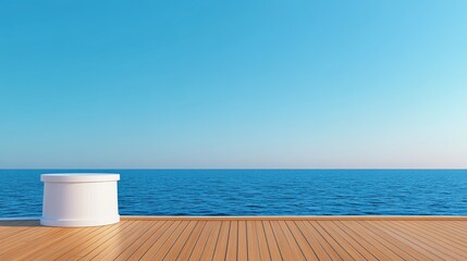 Wall Mural - Serene ocean view from a wooden deck with clear blue sky and calm waters, perfect for relaxation