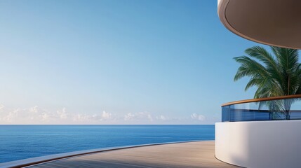 Wall Mural - Serene ocean view from a modern balcony with palm trees and clear blue sky, perfect for relaxation